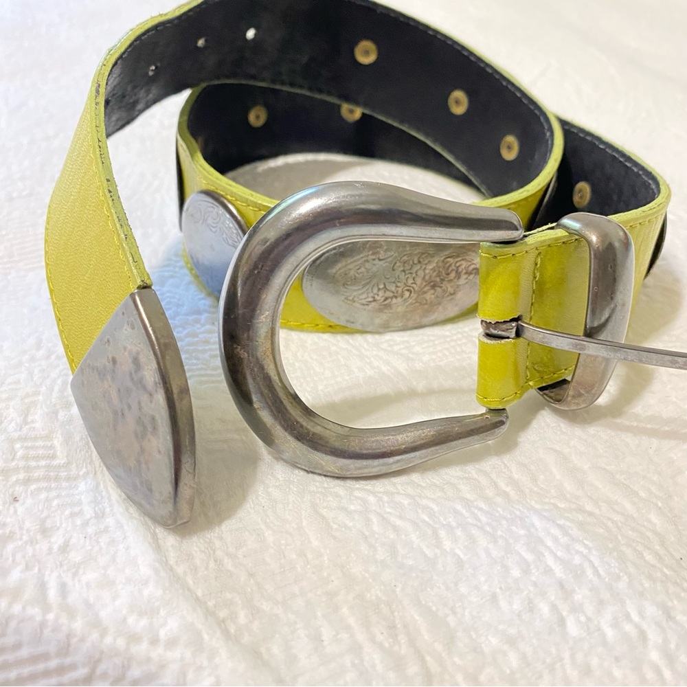 Green Leather Silver Medallions Belt sized Small